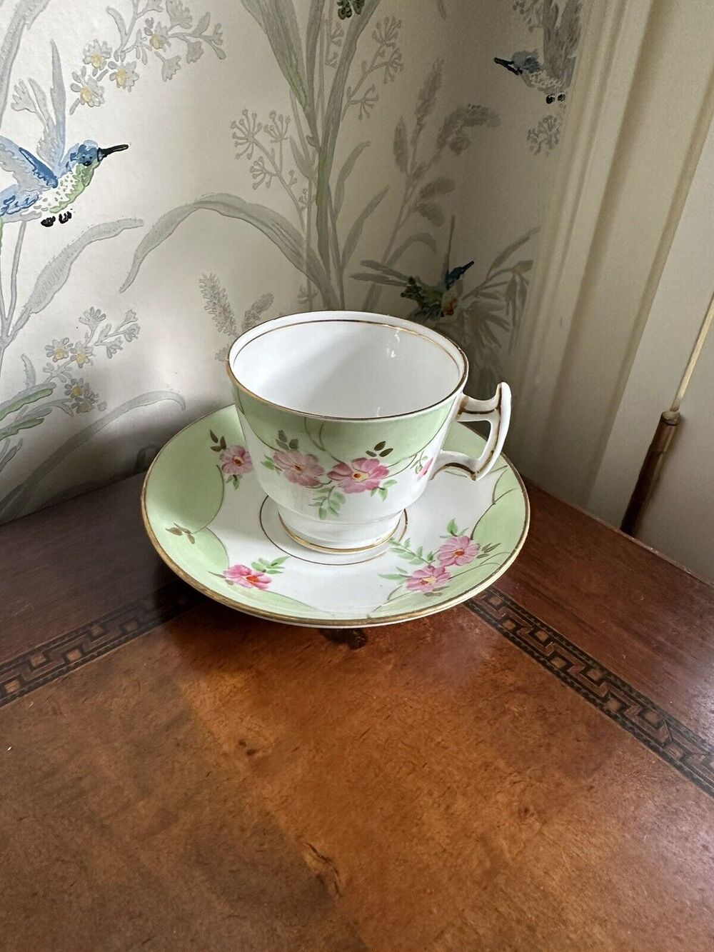 PHOENIX tea cup and saucer Green Gold Trim Primrose teacup England 1940s set
